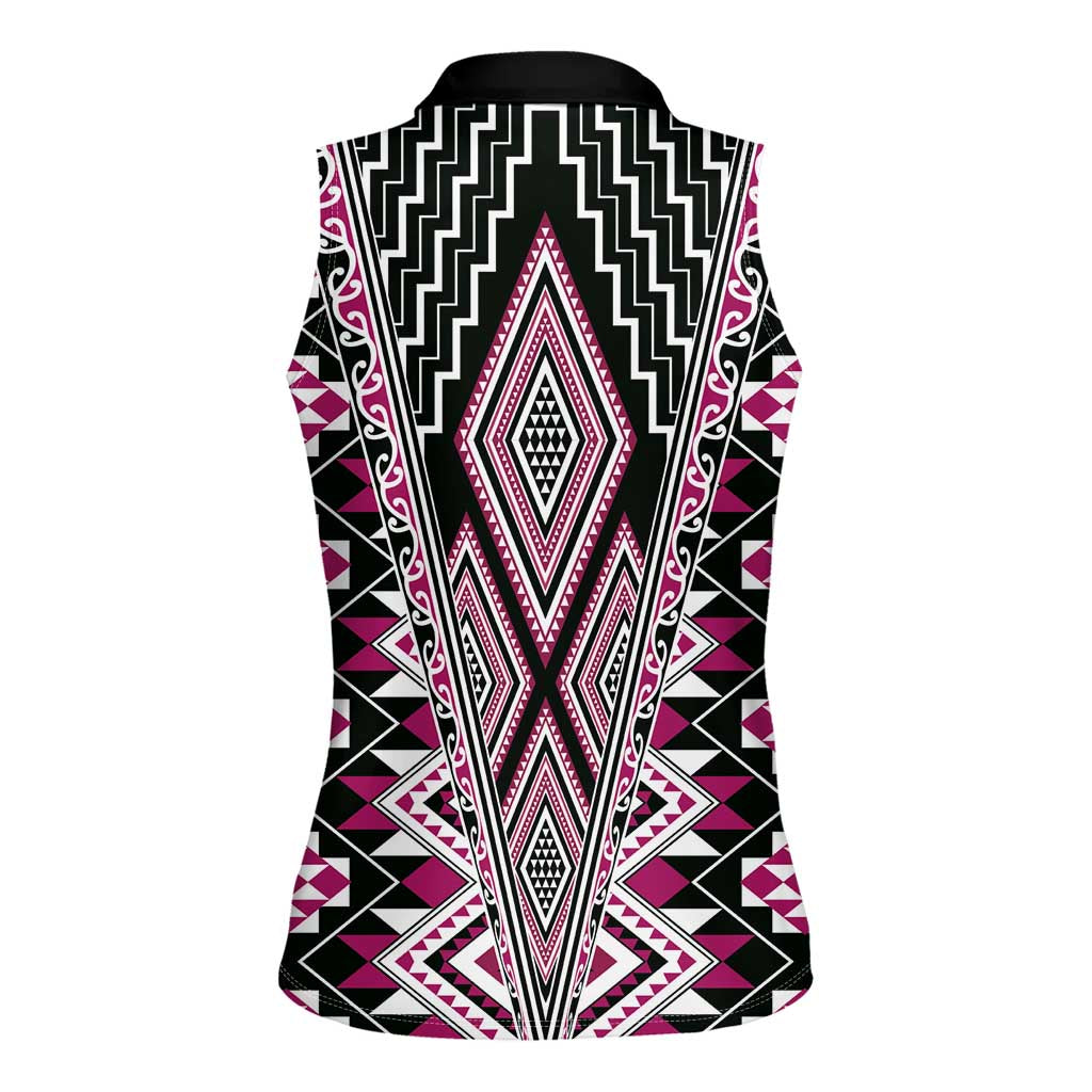 Pink Aotearoa Tukutuku and Poutama Motif Women Sleeveless Polo Shirt