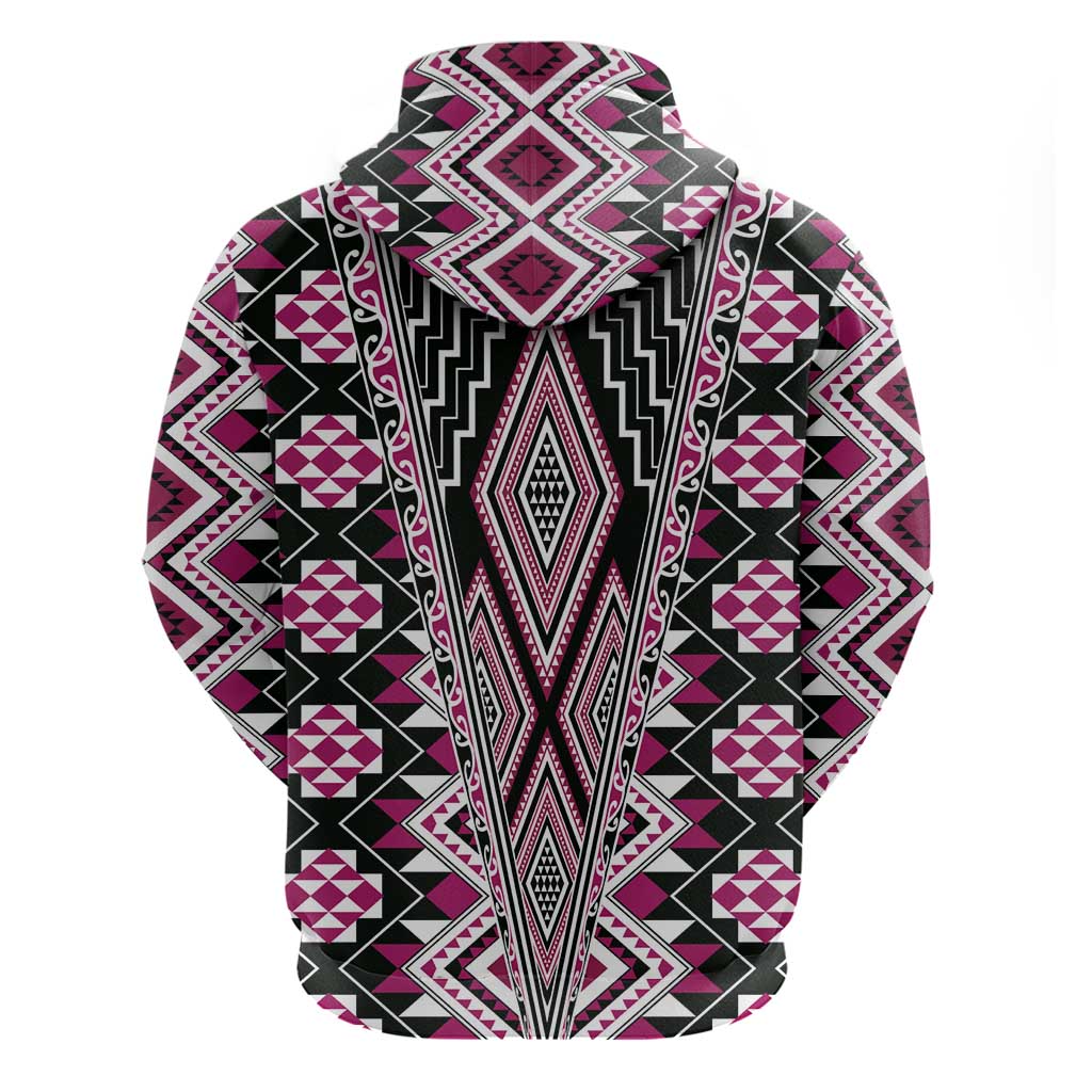 Pink Aotearoa Tukutuku and Poutama Motif Zip Hoodie
