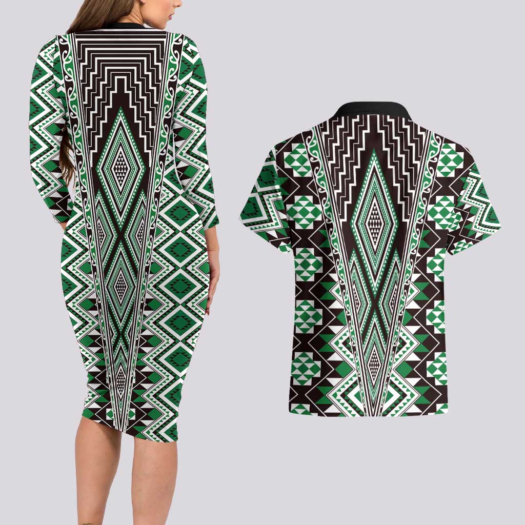 Green Aotearoa Tukutuku and Poutama Motif Couples Matching Long Sleeve Bodycon Dress and Hawaiian Shirt