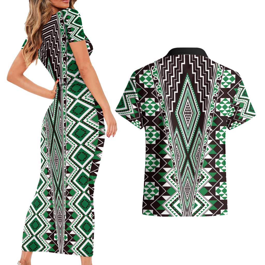Green Aotearoa Tukutuku and Poutama Motif Couples Matching Short Sleeve Bodycon Dress and Hawaiian Shirt