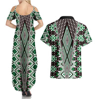 Green Aotearoa Tukutuku and Poutama Motif Couples Matching Summer Maxi Dress and Hawaiian Shirt