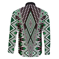Green Aotearoa Tukutuku and Poutama Motif Family Matching Long Sleeve Bodycon Dress and Hawaiian Shirt