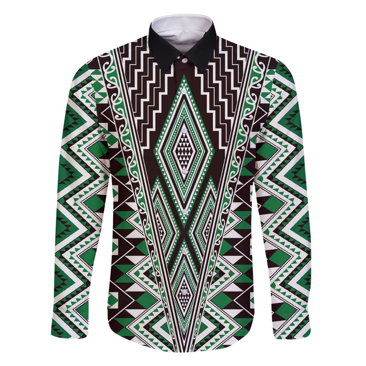 Green Aotearoa Tukutuku and Poutama Motif Family Matching Off The Shoulder Long Sleeve Dress and Hawaiian Shirt