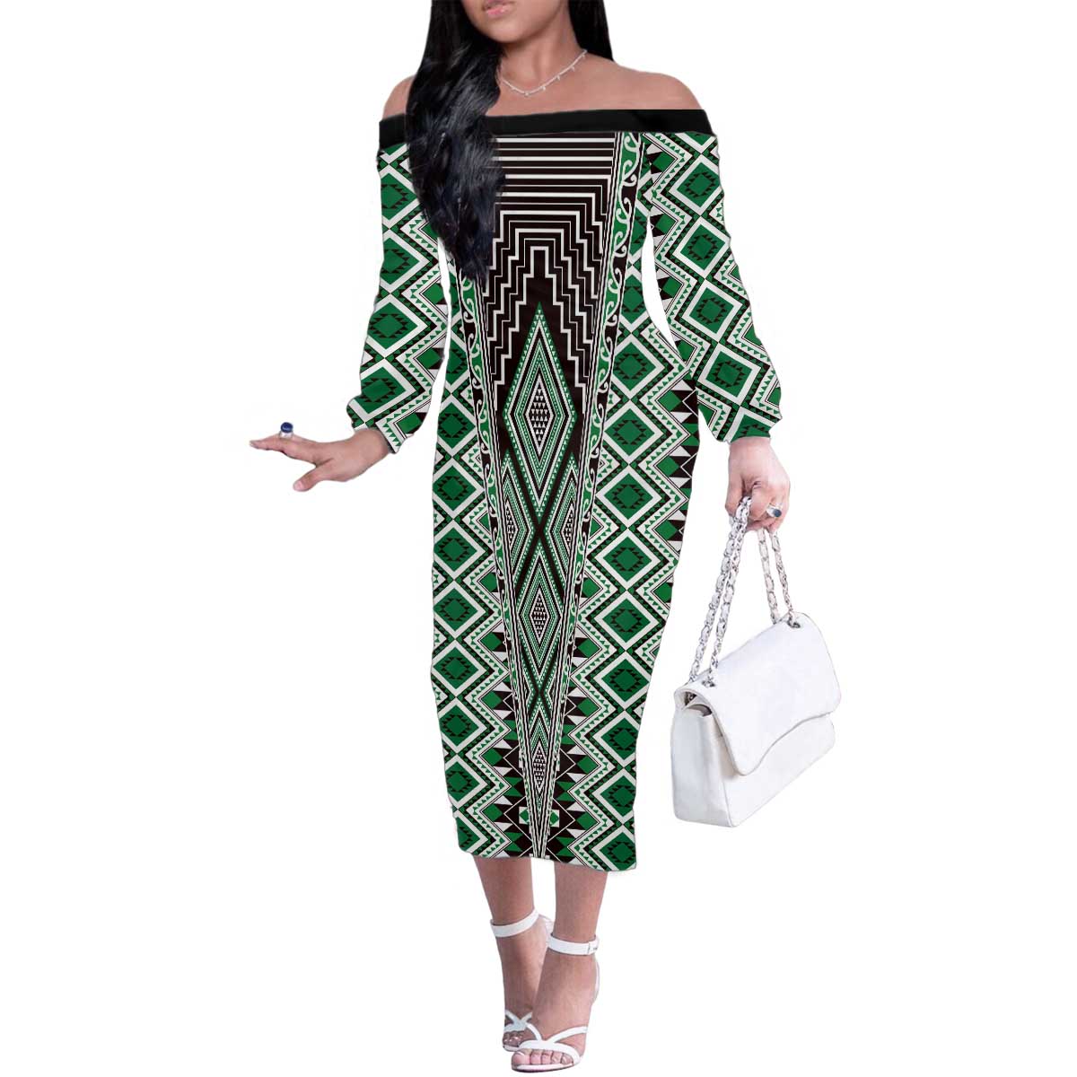 Green Aotearoa Tukutuku and Poutama Motif Family Matching Off The Shoulder Long Sleeve Dress and Hawaiian Shirt