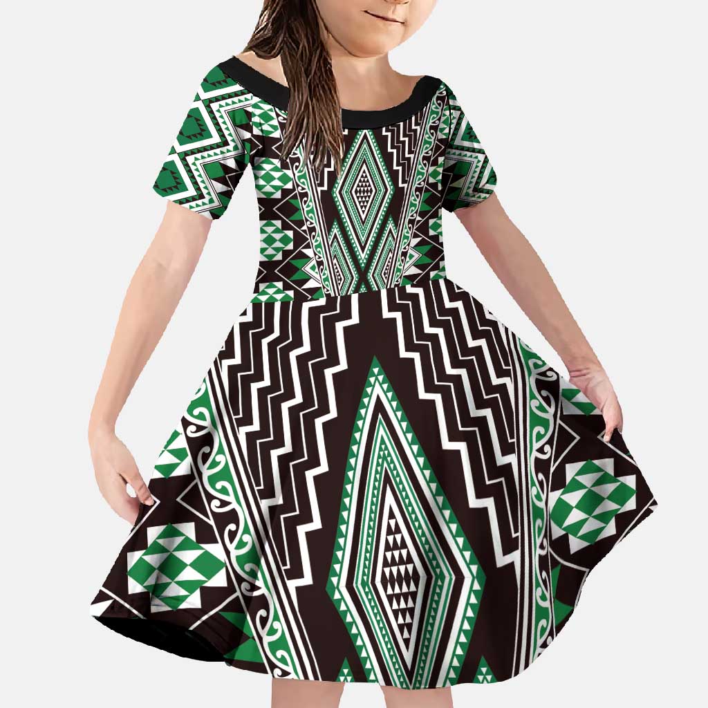 Green Aotearoa Tukutuku and Poutama Motif Family Matching Off Shoulder Maxi Dress and Hawaiian Shirt