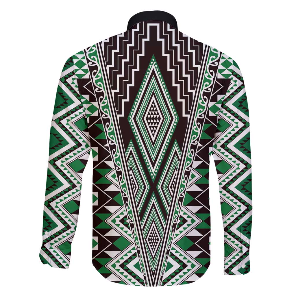 Green Aotearoa Tukutuku and Poutama Motif Family Matching Off Shoulder Maxi Dress and Hawaiian Shirt