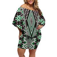 Green Aotearoa Tukutuku and Poutama Motif Family Matching Off Shoulder Short Dress and Hawaiian Shirt