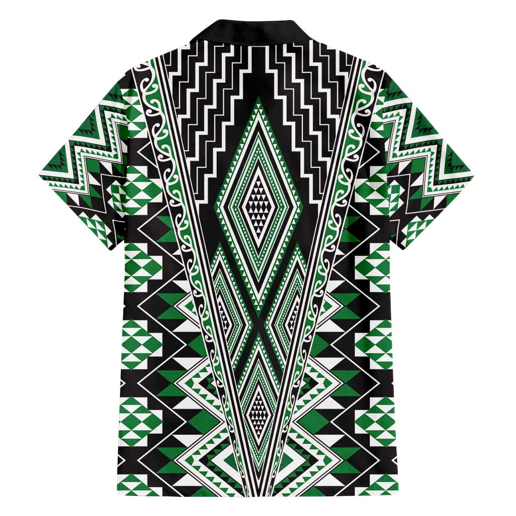 Green Aotearoa Tukutuku and Poutama Motif Family Matching Puletasi and Hawaiian Shirt