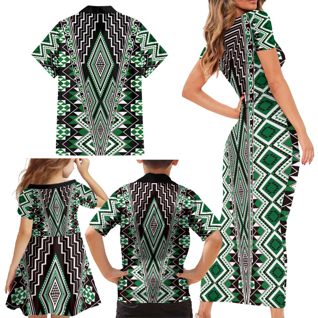 Green Aotearoa Tukutuku and Poutama Motif Family Matching Short Sleeve Bodycon Dress and Hawaiian Shirt