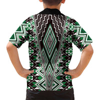 Green Aotearoa Tukutuku and Poutama Motif Family Matching Tank Maxi Dress and Hawaiian Shirt