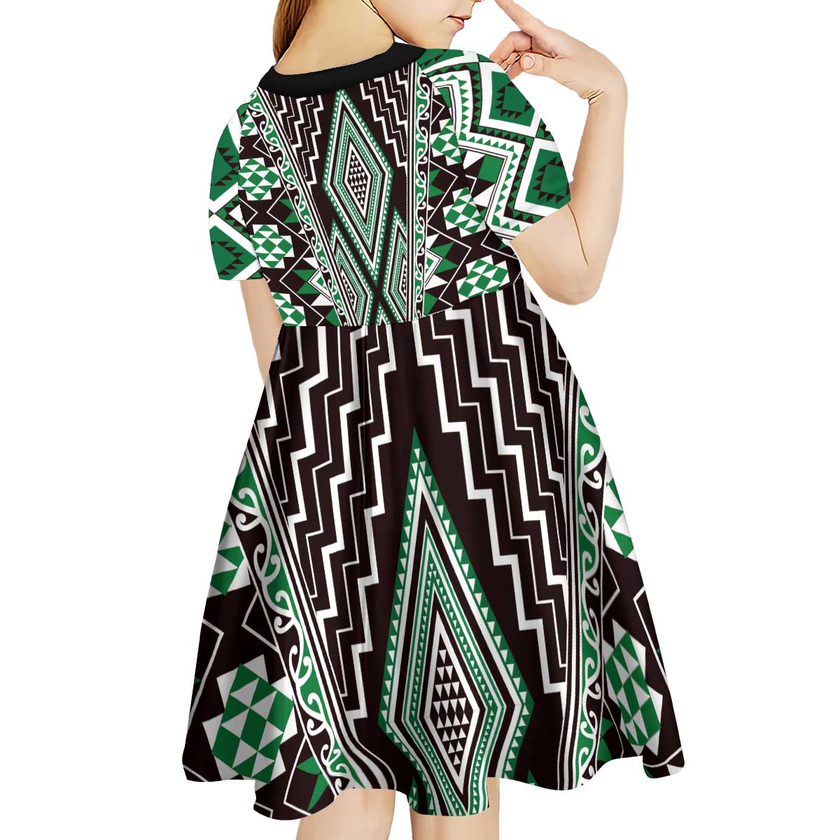Green Aotearoa Tukutuku and Poutama Motif Kid Short Sleeve Dress