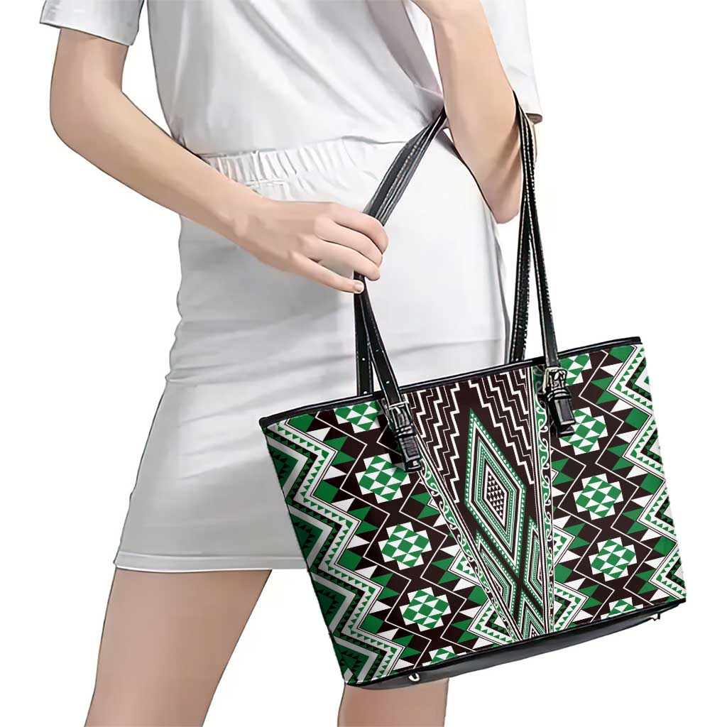 Green Aotearoa Tukutuku and Poutama Motif Leather Tote Bag