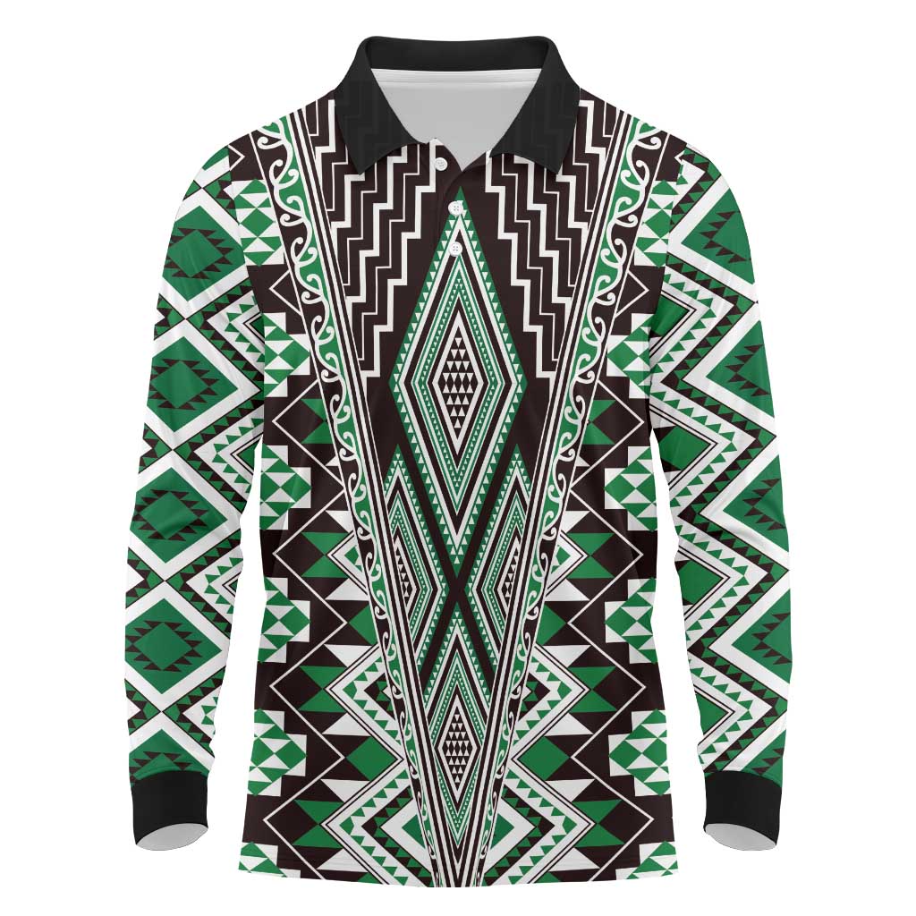 Green Aotearoa Tukutuku and Poutama Motif Long Sleeve Polo Shirt LT03 Green - Polynesian Pride