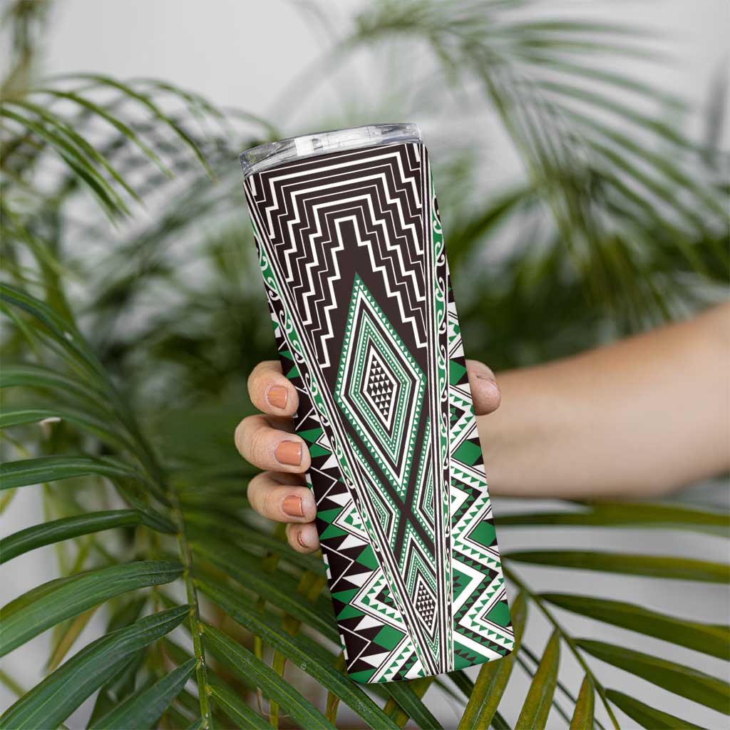 Green Aotearoa Tukutuku and Poutama Motif Skinny Tumbler