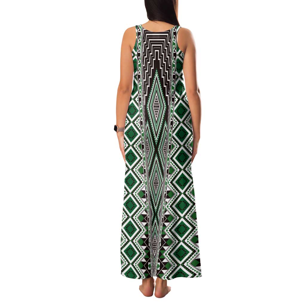 Green Aotearoa Tukutuku and Poutama Motif Tank Maxi Dress