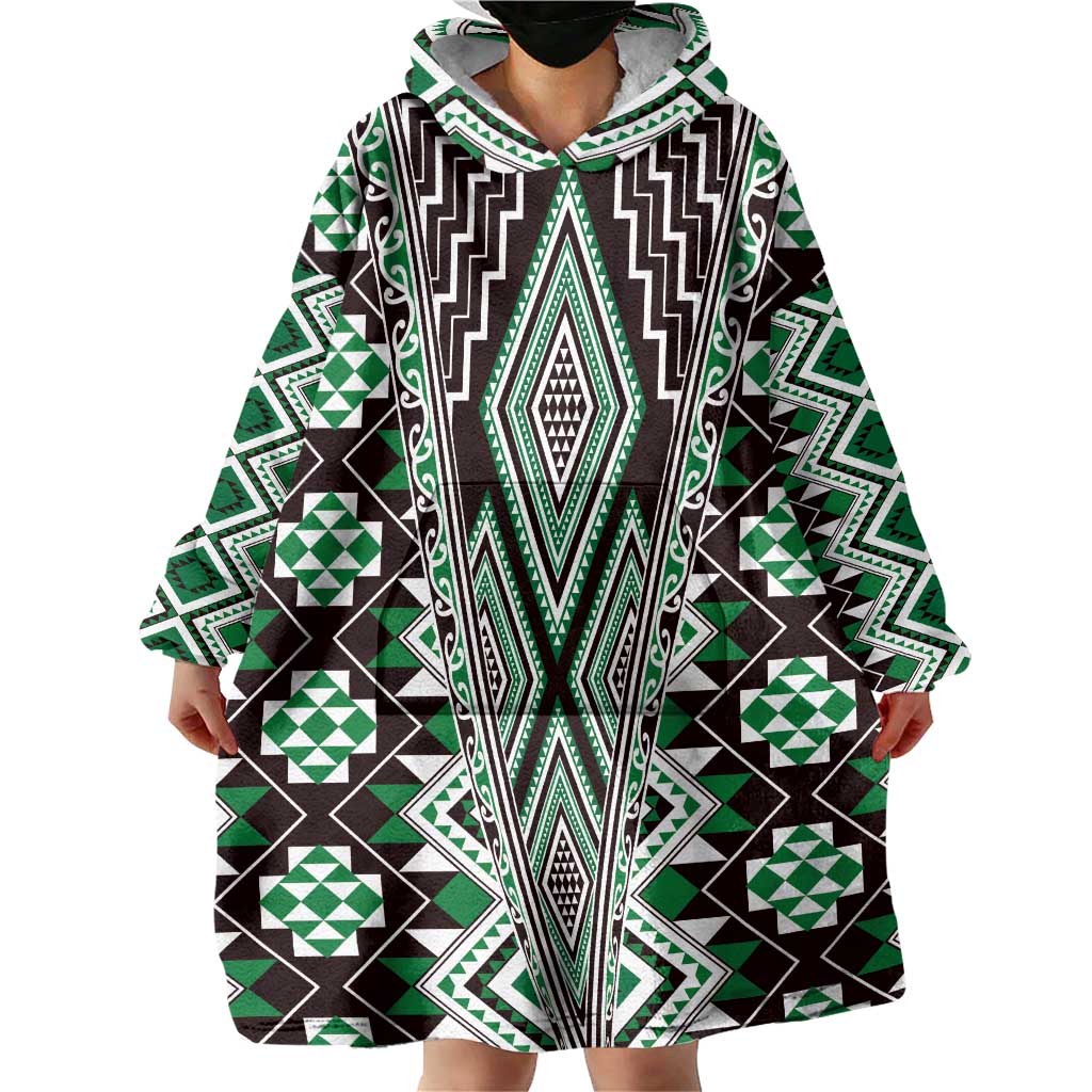 Green Aotearoa Tukutuku and Poutama Motif Wearable Blanket Hoodie