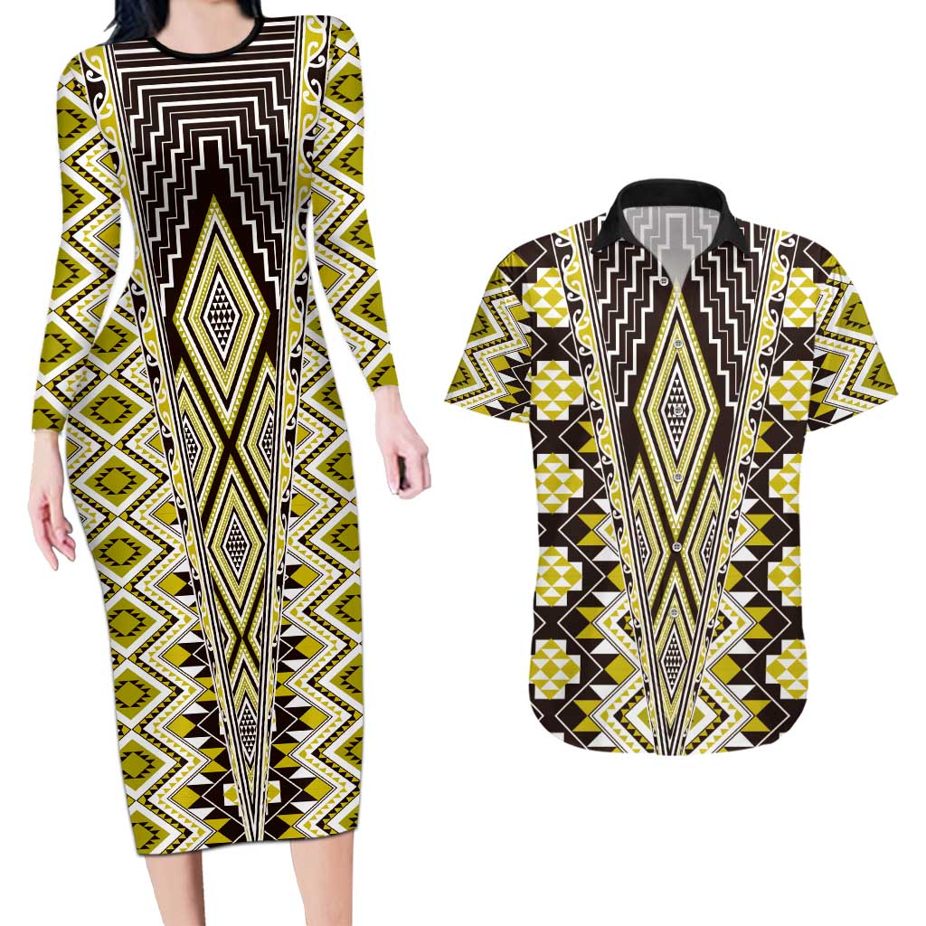 Yellow Aotearoa Tukutuku and Poutama Motif Couples Matching Long Sleeve Bodycon Dress and Hawaiian Shirt