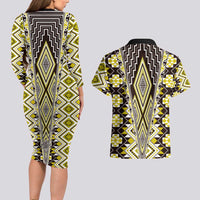 Yellow Aotearoa Tukutuku and Poutama Motif Couples Matching Long Sleeve Bodycon Dress and Hawaiian Shirt