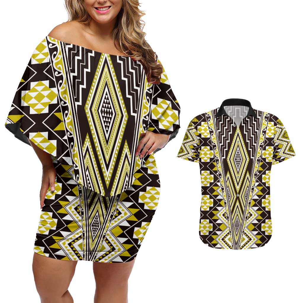 Yellow Aotearoa Tukutuku and Poutama Motif Couples Matching Off Shoulder Short Dress and Hawaiian Shirt