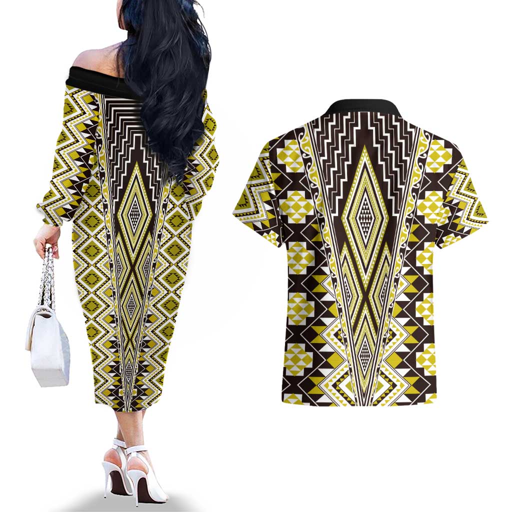 Yellow Aotearoa Tukutuku and Poutama Motif Couples Matching Off The Shoulder Long Sleeve Dress and Hawaiian Shirt