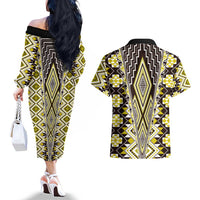 Yellow Aotearoa Tukutuku and Poutama Motif Couples Matching Off The Shoulder Long Sleeve Dress and Hawaiian Shirt