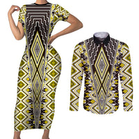 Yellow Aotearoa Tukutuku and Poutama Motif Couples Matching Short Sleeve Bodycon Dress and Long Sleeve Button Shirt