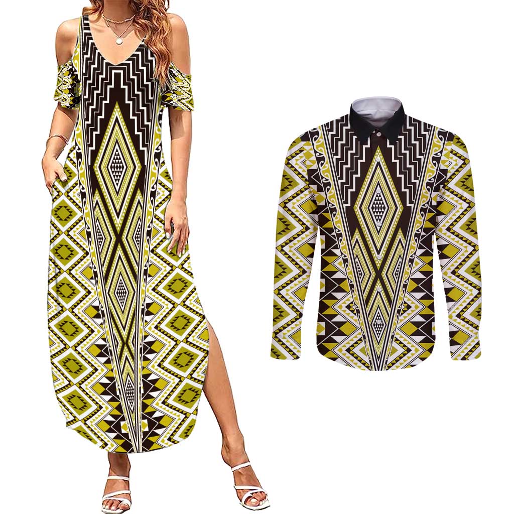 Yellow Aotearoa Tukutuku and Poutama Motif Couples Matching Summer Maxi Dress and Long Sleeve Button Shirt