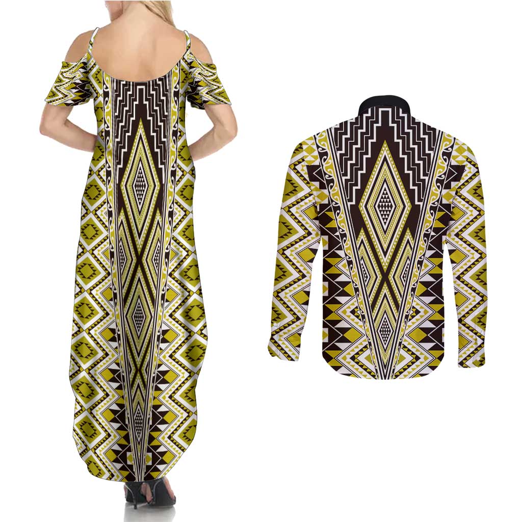 Yellow Aotearoa Tukutuku and Poutama Motif Couples Matching Summer Maxi Dress and Long Sleeve Button Shirt