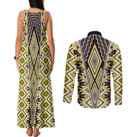 Yellow Aotearoa Tukutuku and Poutama Motif Couples Matching Tank Maxi Dress and Long Sleeve Button Shirt