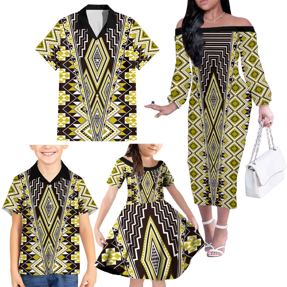 Yellow Aotearoa Tukutuku and Poutama Motif Family Matching Off The Shoulder Long Sleeve Dress and Hawaiian Shirt