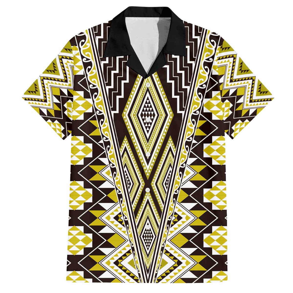 Yellow Aotearoa Tukutuku and Poutama Motif Family Matching Off The Shoulder Long Sleeve Dress and Hawaiian Shirt