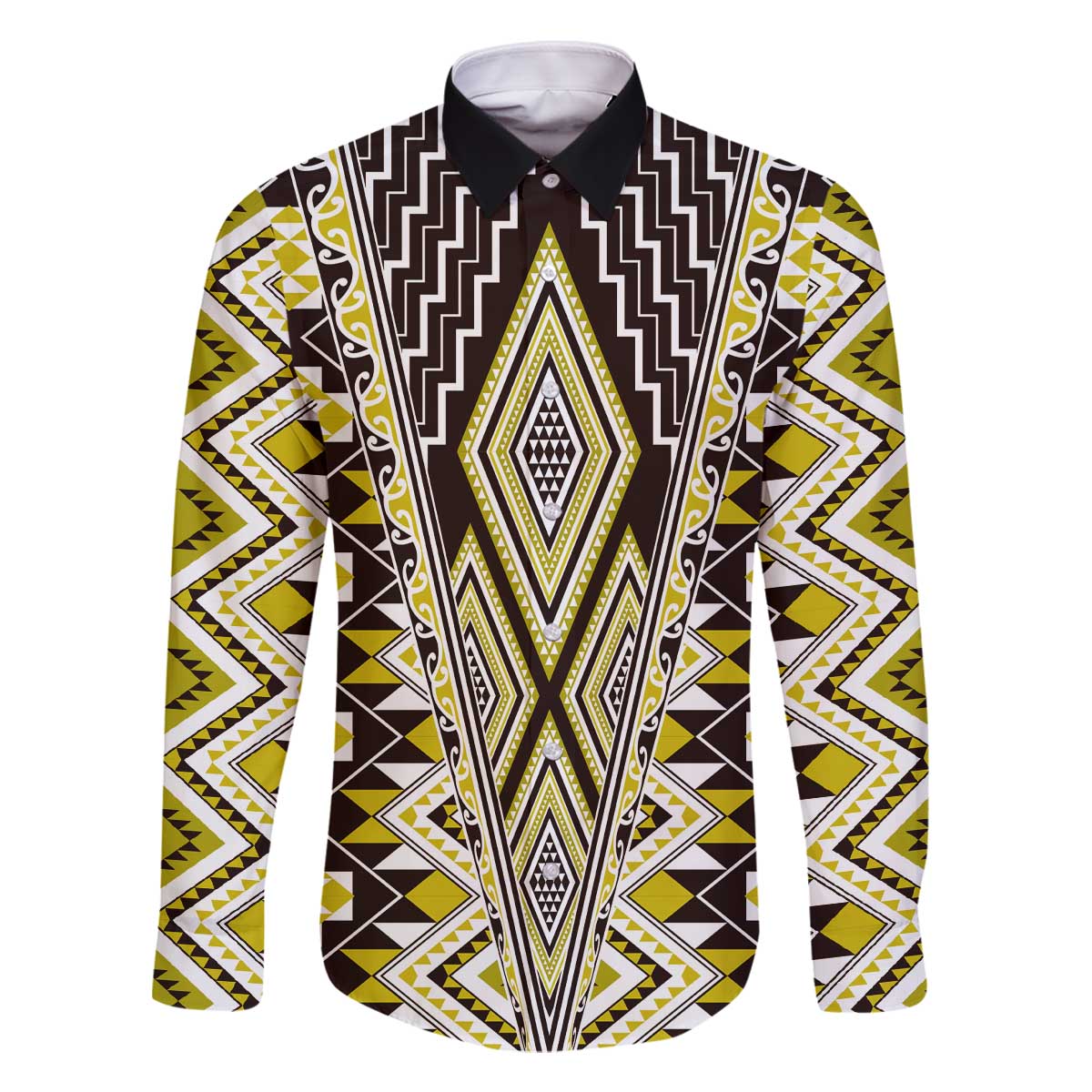 Yellow Aotearoa Tukutuku and Poutama Motif Family Matching Off The Shoulder Long Sleeve Dress and Hawaiian Shirt