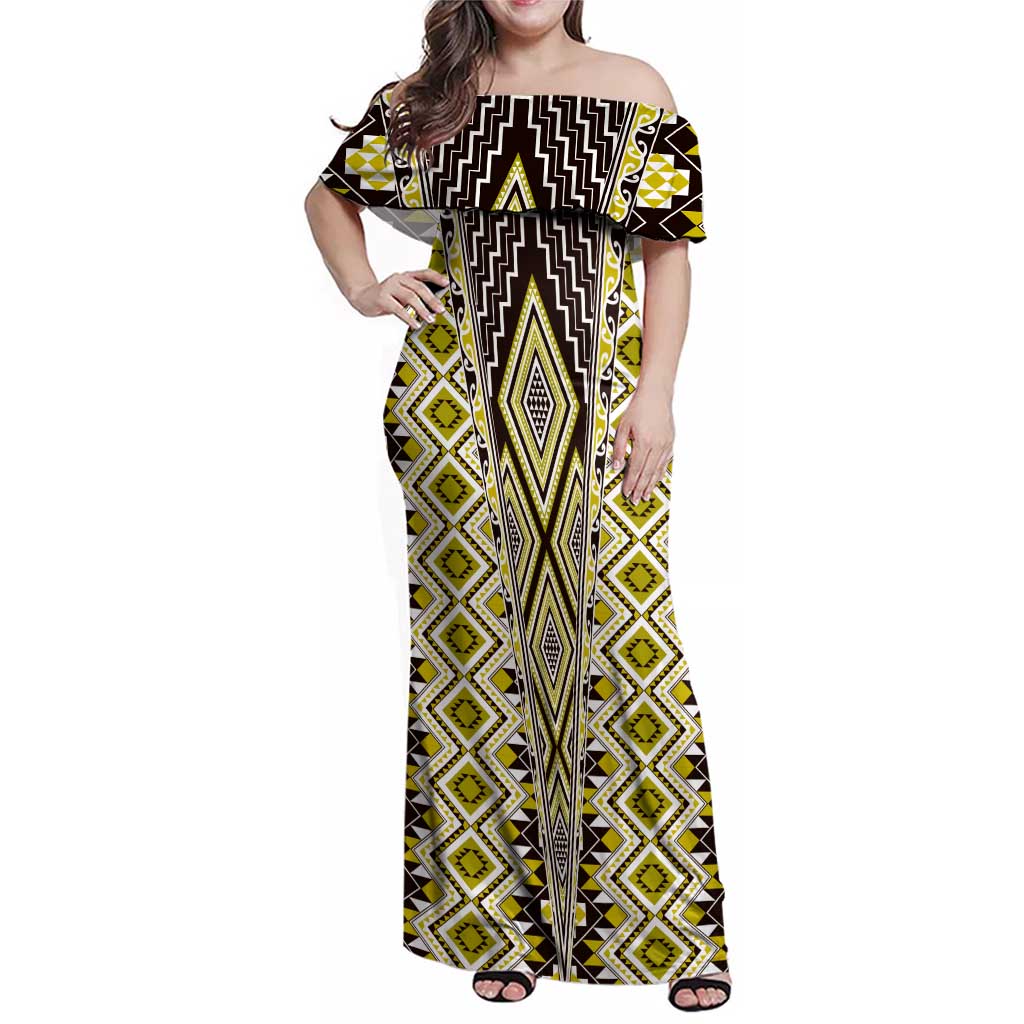 Yellow Aotearoa Tukutuku and Poutama Motif Family Matching Off Shoulder Maxi Dress and Hawaiian Shirt