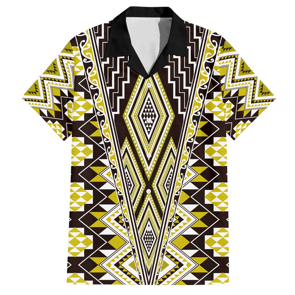 Yellow Aotearoa Tukutuku and Poutama Motif Family Matching Off Shoulder Short Dress and Hawaiian Shirt