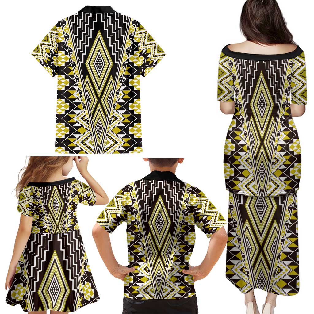 Yellow Aotearoa Tukutuku and Poutama Motif Family Matching Puletasi and Hawaiian Shirt