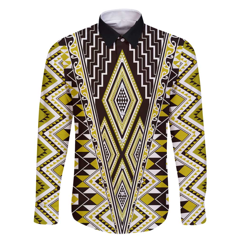 Yellow Aotearoa Tukutuku and Poutama Motif Family Matching Puletasi and Hawaiian Shirt