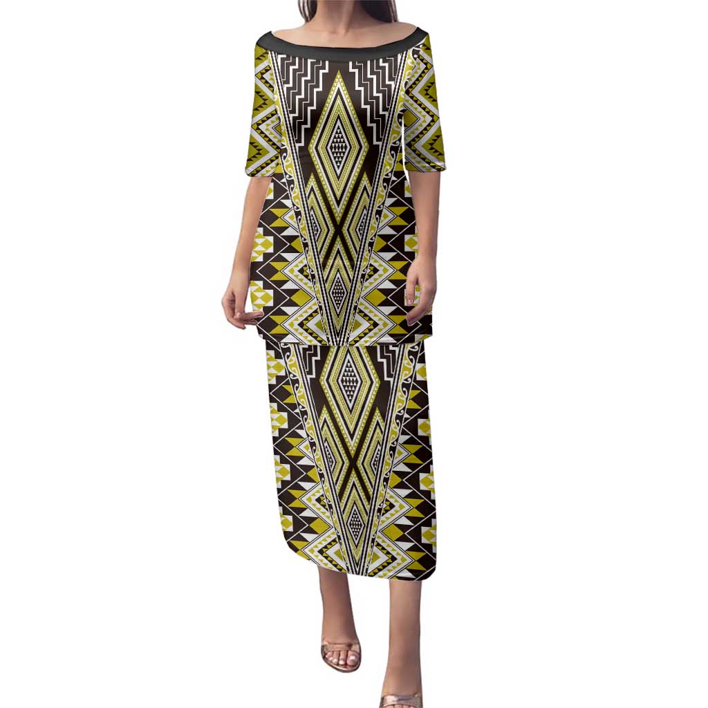 Yellow Aotearoa Tukutuku and Poutama Motif Family Matching Puletasi and Hawaiian Shirt