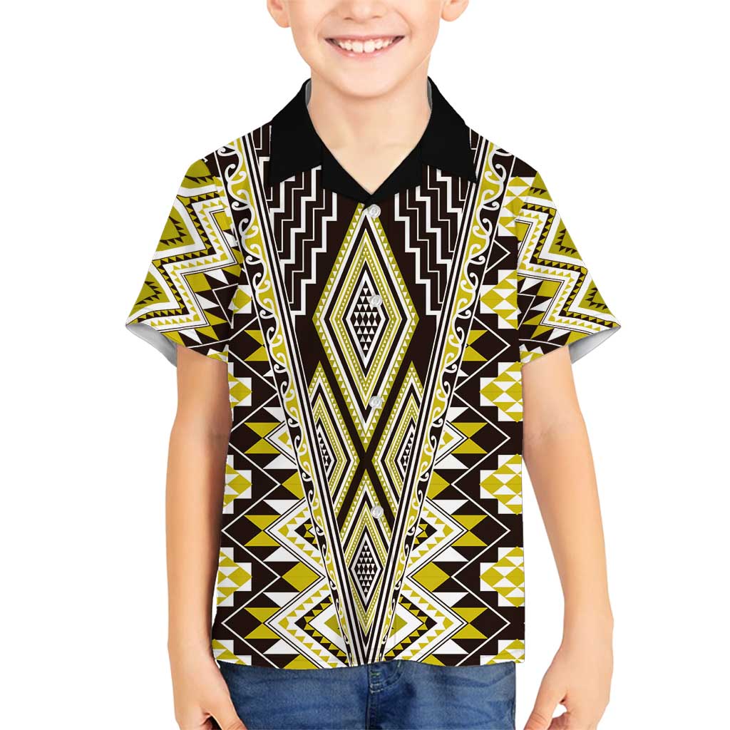 Yellow Aotearoa Tukutuku and Poutama Motif Family Matching Puletasi and Hawaiian Shirt