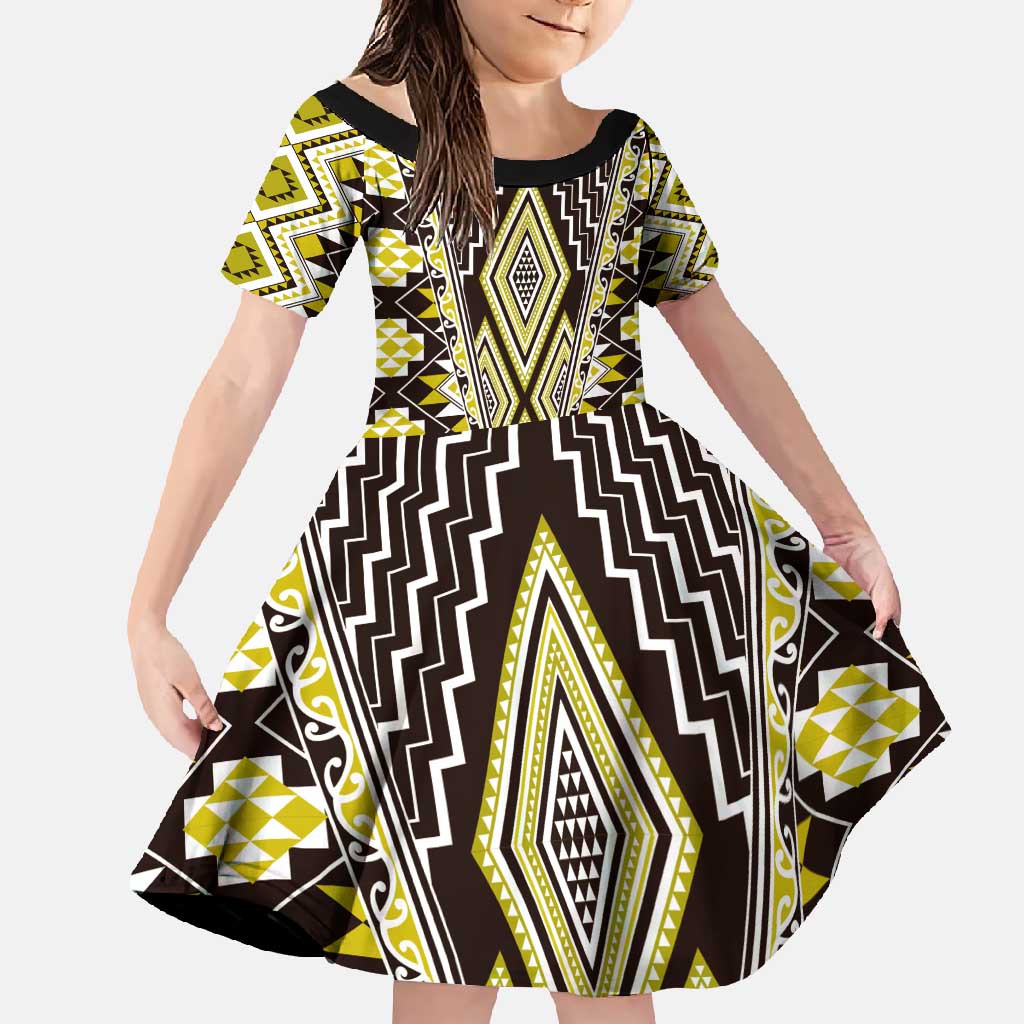 Yellow Aotearoa Tukutuku and Poutama Motif Family Matching Tank Maxi Dress and Hawaiian Shirt