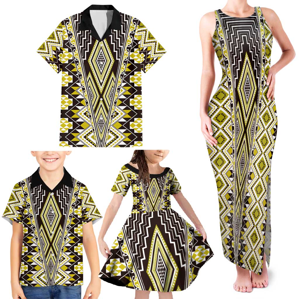 Yellow Aotearoa Tukutuku and Poutama Motif Family Matching Tank Maxi Dress and Hawaiian Shirt