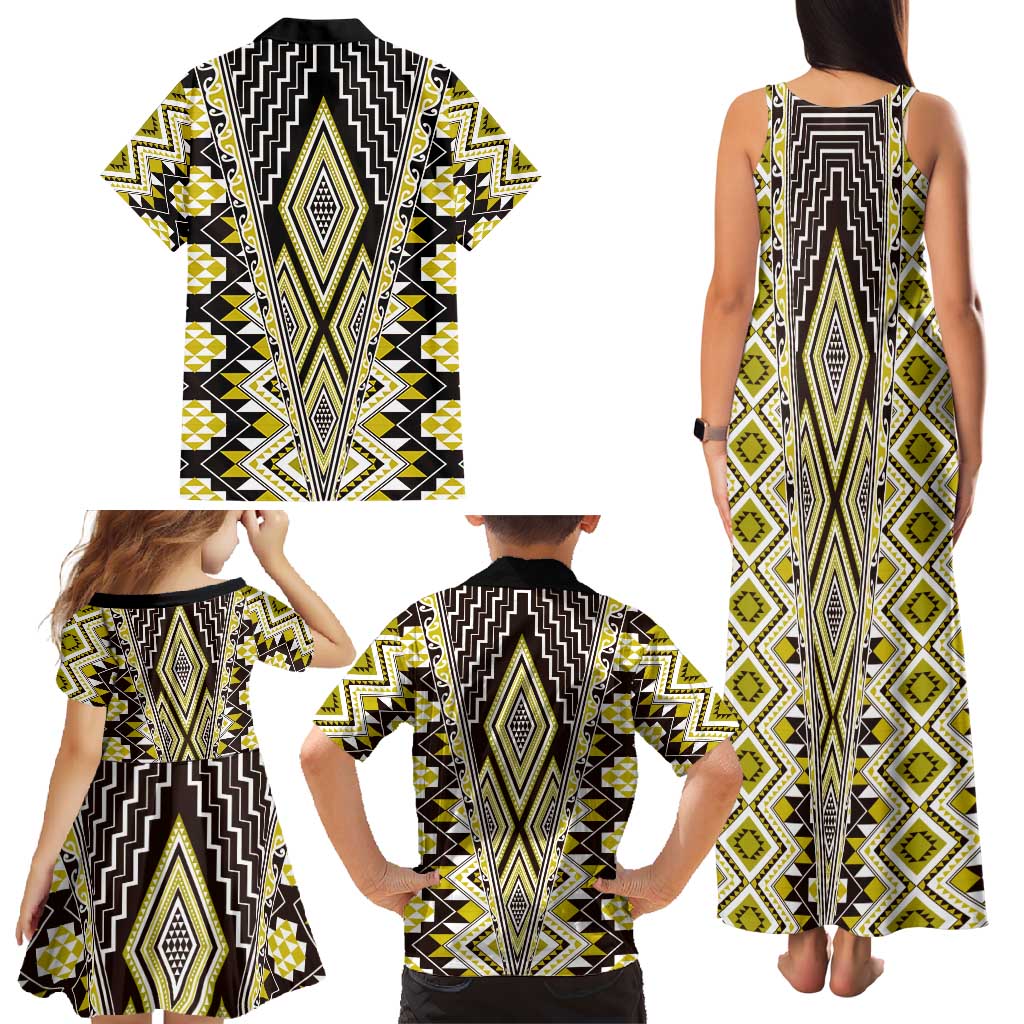 Yellow Aotearoa Tukutuku and Poutama Motif Family Matching Tank Maxi Dress and Hawaiian Shirt