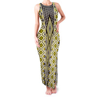 Yellow Aotearoa Tukutuku and Poutama Motif Family Matching Tank Maxi Dress and Hawaiian Shirt
