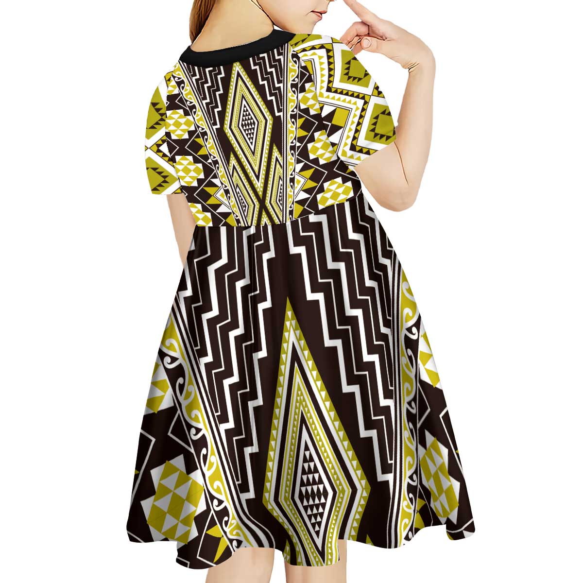 Yellow Aotearoa Tukutuku and Poutama Motif Kid Short Sleeve Dress