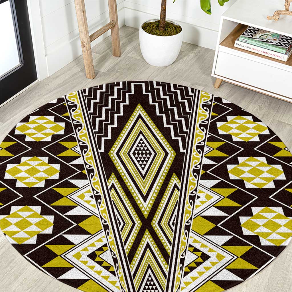Yellow Aotearoa Tukutuku and Poutama Motif Round Carpet LT03 Yellow - Polynesian Pride