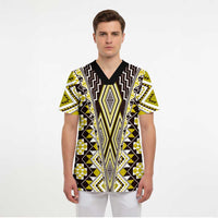 Yellow Aotearoa Tukutuku and Poutama Motif Scrub Top - Polynesian Pride