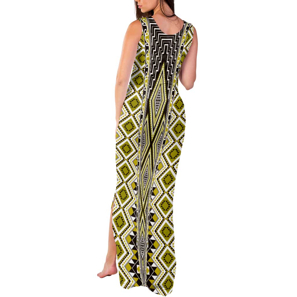 Yellow Aotearoa Tukutuku and Poutama Motif Tank Maxi Dress