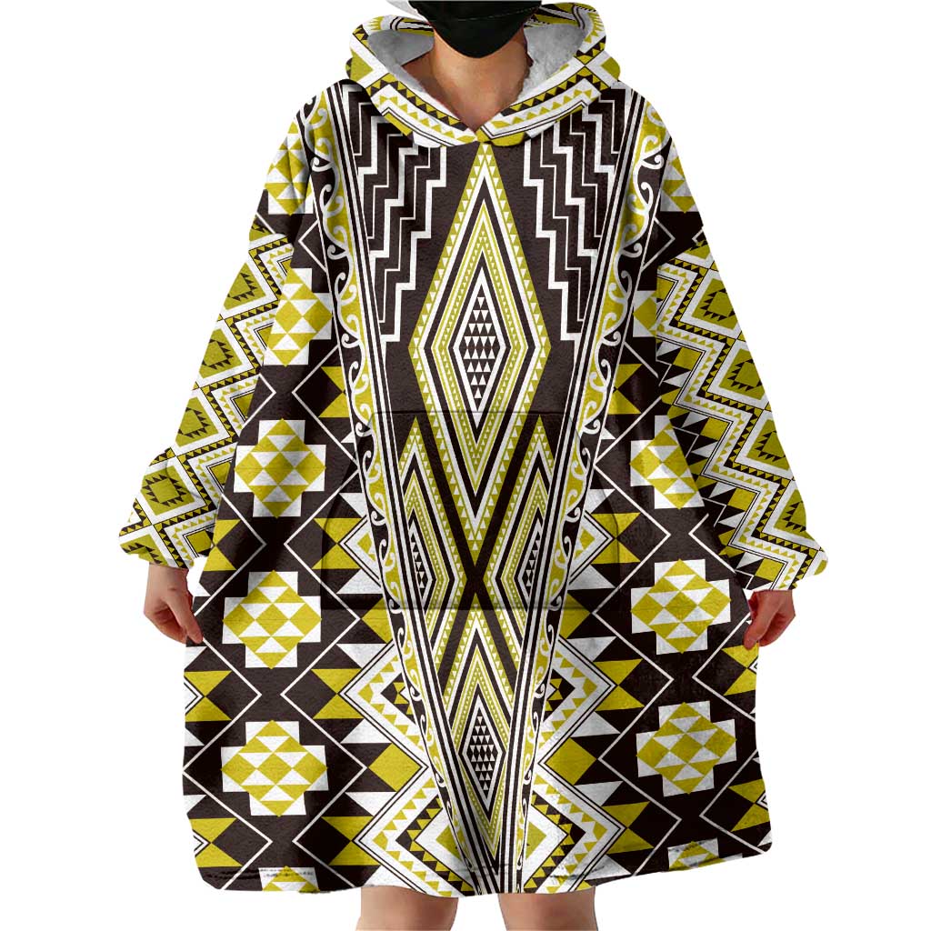 Yellow Aotearoa Tukutuku and Poutama Motif Wearable Blanket Hoodie