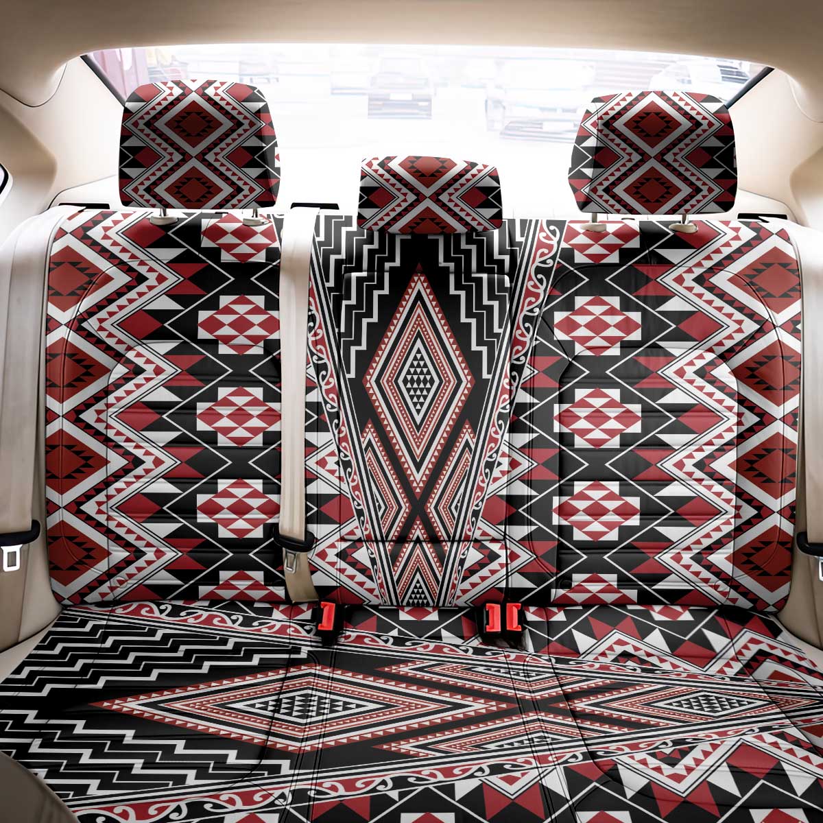 Red Aotearoa Tukutuku and Poutama Motif Back Car Seat Cover