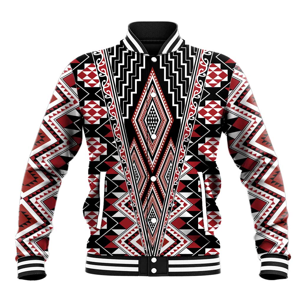 Red Aotearoa Tukutuku and Poutama Motif Baseball Jacket LT03 Unisex Red - Polynesian Pride