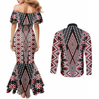 Red Aotearoa Tukutuku and Poutama Motif Couples Matching Mermaid Dress and Long Sleeve Button Shirt